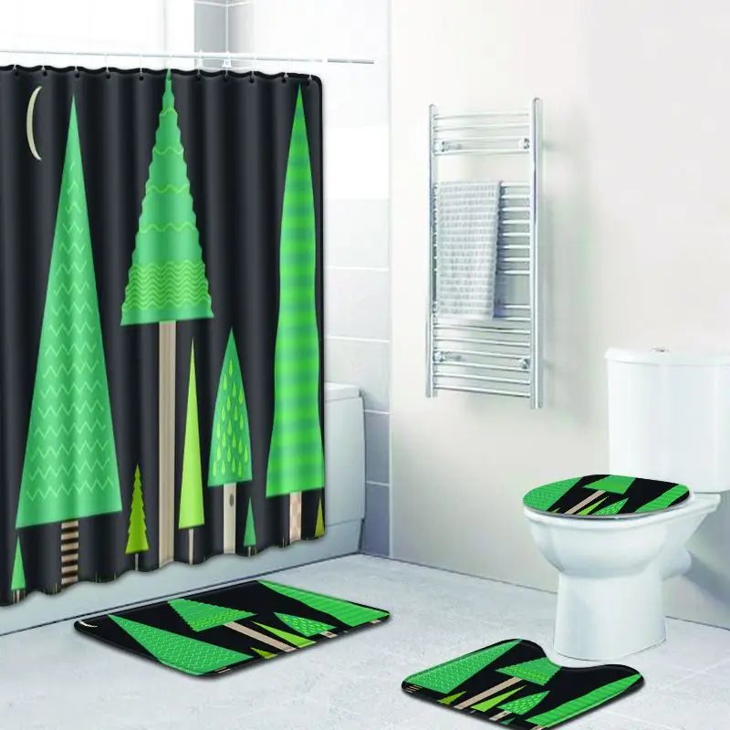 

Simple Tree Print Bathroom Shower Curtain Waterproof Polyester Fabric Modern Solid Toilet Seat Cover Anti-slip Bath Mat Home