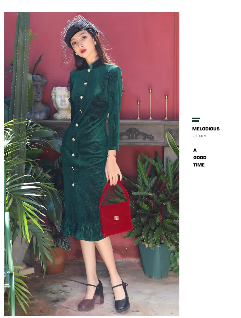 Cheongsam женское улучшенное Ретро молодежное модное бархатное платье с длинными рукавами в стиле рыбий хвост для девочек на осень и зиму