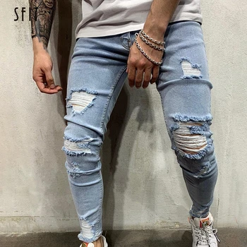 

NEW Men Stretchy Ripped Skinny Biker Embroidery Print Slim Fit Jeans Destroyed Hole Taped Denim Scratched High Quality Jean