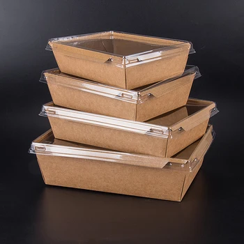 

50pcs Kraft paper lunch box disposable takeaway square food fast takeaway packaging cups sushi salad fruit container with lid