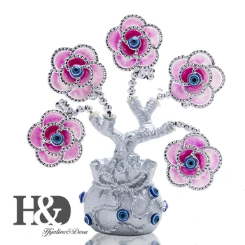 

H&D Fengshui Figurine Turkish Lucky Blue Evil Eye Flower Tree Protection for Money Fortune Sliver Wealth Bag Good Luck Xmas Gift