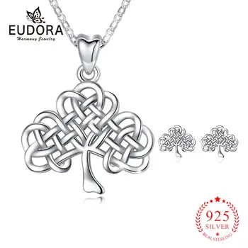 

EUDORA Real 925 Sterling Silver Tree of Life Pendant Necklace stud Earring Umbrella Celtic knot Jewelry Set party Gift D114