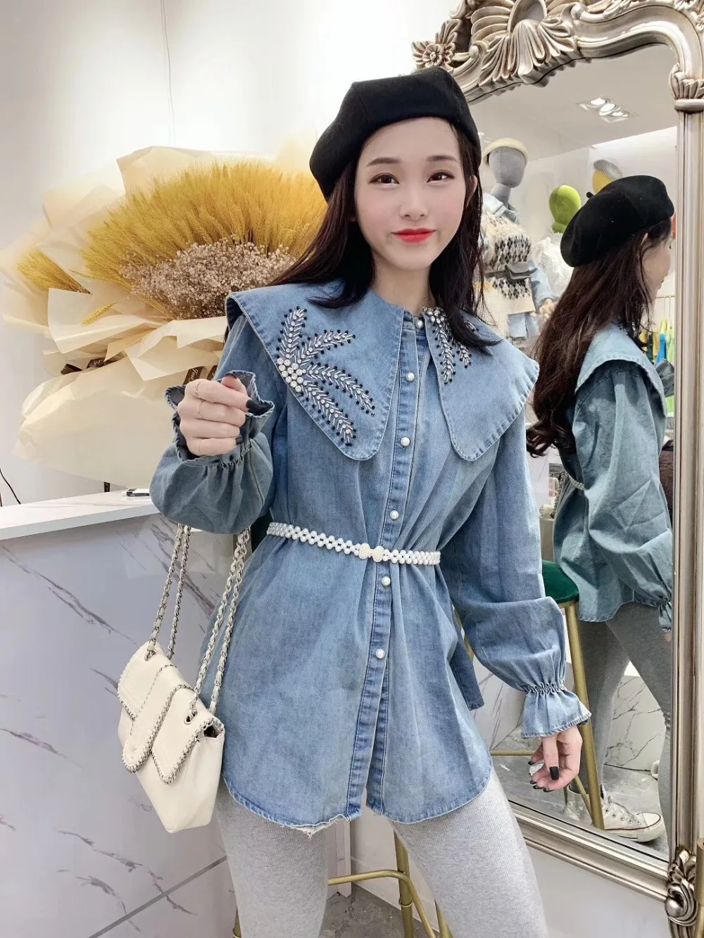 WHITNEY WANG, блузки,, Весенняя мода, уличная одежда, 3D кружева, цветы, бриллианты, Джинсовая блузка для женщин, Blusas, женская джинсовая рубашка, Топ