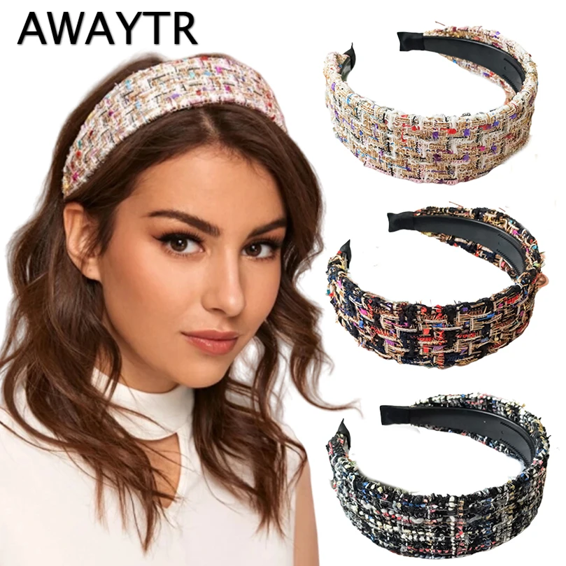 AWAYTR Новая тканевая твидовая широкая повязка для волос для женщин ...