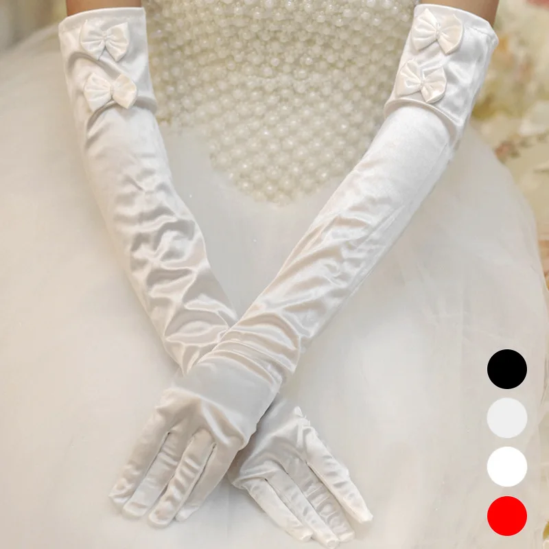 

Lengthened over the Elbow Double Bow Sun-resistant College Style Hand Cuff Urethane Elastic Fibre Elasticity Satin Bride Wedding