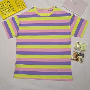 

TShirt Combed cotton Rainbow Stripe T Shirt Summer Harajuku Female Long Sleeve Plus Size Tshirt Woman Tops Tee For Female