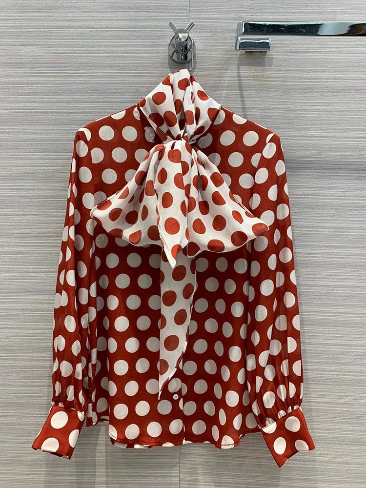 

2019 Autumn & Winter New Sweet Girly Style Bow Scarf Ribbon Polka Dot Women Shirt Two Red & Black Free Shipping Worldwide