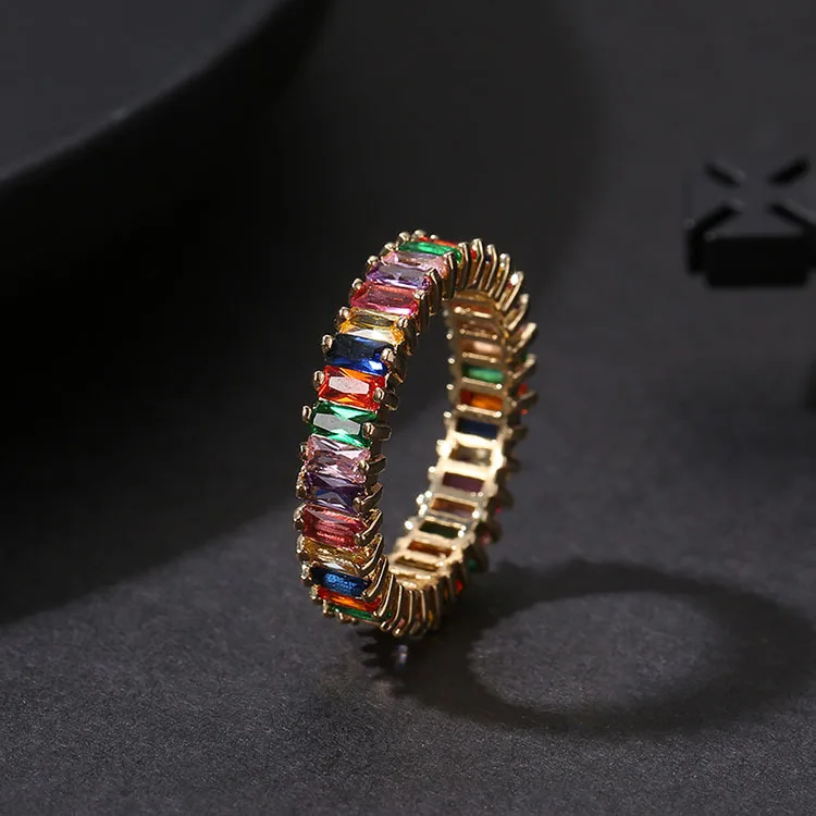 

Fashion Female Square Rainbow Zircon Ring Unique Style Gold Color Party Finger Ring Classis Promise Engagement Rings For Women