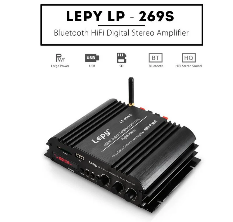 Цифровой плеер Lepy с Bluetooth 2 канала 45 Вт Hi Fi стерео аудио поддержка SD USB FM MP3 DVD без
