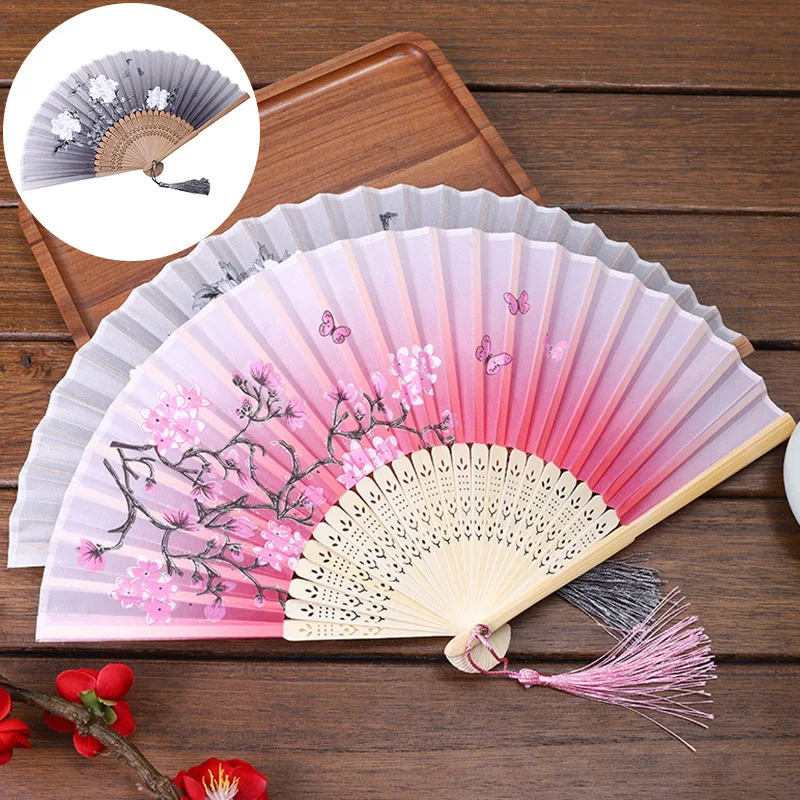 Vintage Silk Folding Fan Retro Chinese Japanese Bamboo Tassel Plum Blossom Dance Hand Fan Gift Craft Ornament Home Decoration folding fan hand fan silk fans