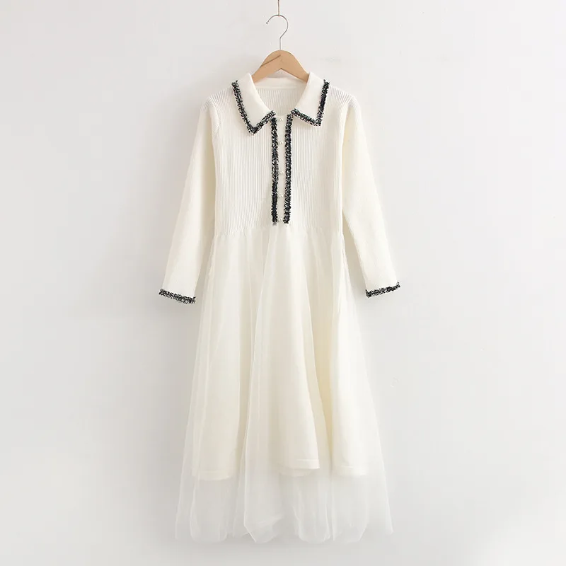

Autumn New Style Korean-style Pearl Clasp Sweater Medium-length Dress Women's Fold-down Collar Pullover Joint Mesh Skirt Dress S