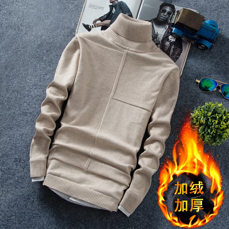 

2019 Men's high-grade pure cotton slim Fit leisure Thickening of the warm High collar sweater/Man Add wool fashion Knit shirt