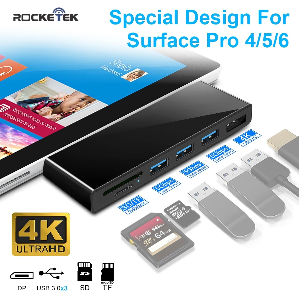 

Rocketek usb 3.0 HUB card reader DP 4K 30Hz adapter for Read at the same time SD/TF micro SD Microsoft Surface Pro 4/5/6