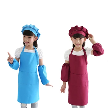 

2set Kids Full Apron Bib Set with Pocket and Hat Sleeves Craft Chef Cooking Art Children Diy Apparel Wine Red & Blue