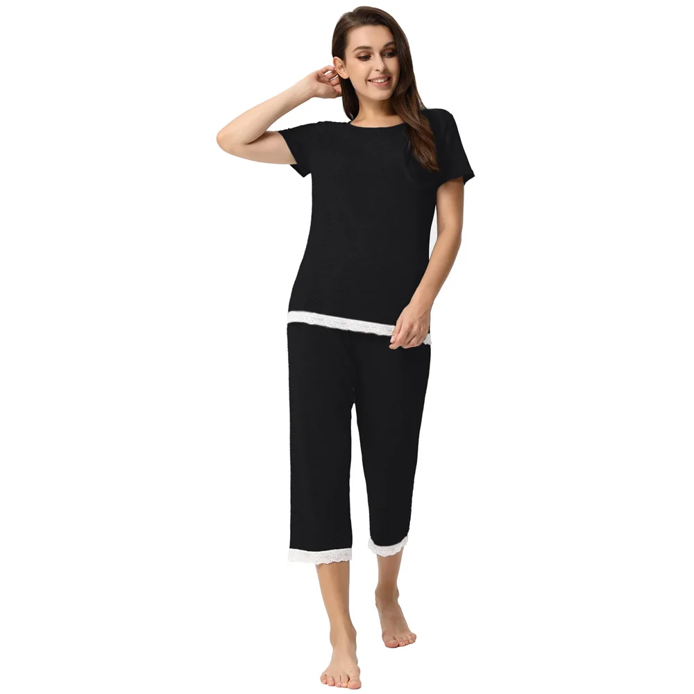 Women's 2pcs Set Comfy Modal Sleepwear Short Sleeve Tops+Cropped Pants summer comfortable stretch nightwear ladies Pajama sets