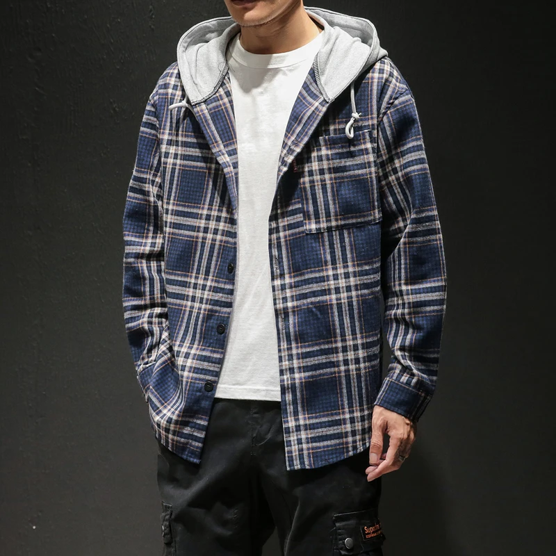 Shirt Mens Slim Fit Long Sleeve Dress Shirts Men Casual Shirt Male Social M-5XL2019 Autumn Plus Size Casual Hooded Plaid A04