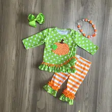 Осенне-зимняя одежда для маленьких девочек Хэллоуин благодарения одежда лимонно-зеленые оранжевые штаны в полоску с тыквой аксессуары с оборками