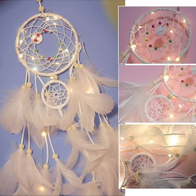Creative LED Hanging Crafts Ornament Dromenvanger Dreamcatcher Home Wind Chimes Gift Decoration Wall Feathers Car