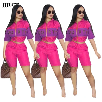 

Splicing Zipper up Trench Half Length Pants Suit 2 Pieces Set Tracksuit Print New Half Sleeve Sports Summer 2019 Women Short