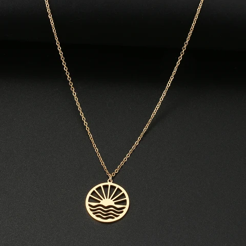 Steel Necklaces Round Sunset Waves Pendant Choker Chain Fashion Sun Necklace For Women Jewelry Friends Party Gifts NEW