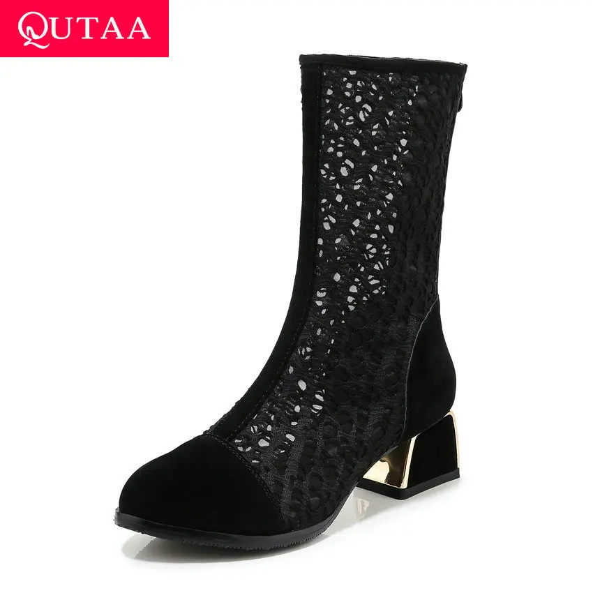 

QUTAA 2020 Flock PU Leather Cut Outs Women Shoes Square Heel Fashion Cool Boots Casual Round Toe Zipper Mid Calf Boots Size34-43