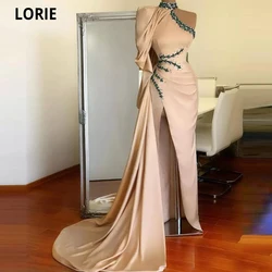 LORIE Arabic Evening Dresses High Neck Beaded with Rhinestones Pleats High Side Split Satin Prom Gown Women Pageant Party Dress