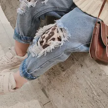 Брюки для девочек с леопардовым узором и дырками; джинсовые брюки; 19; осенняя одежда; стиль; детская одежда для детей 3-8 лет