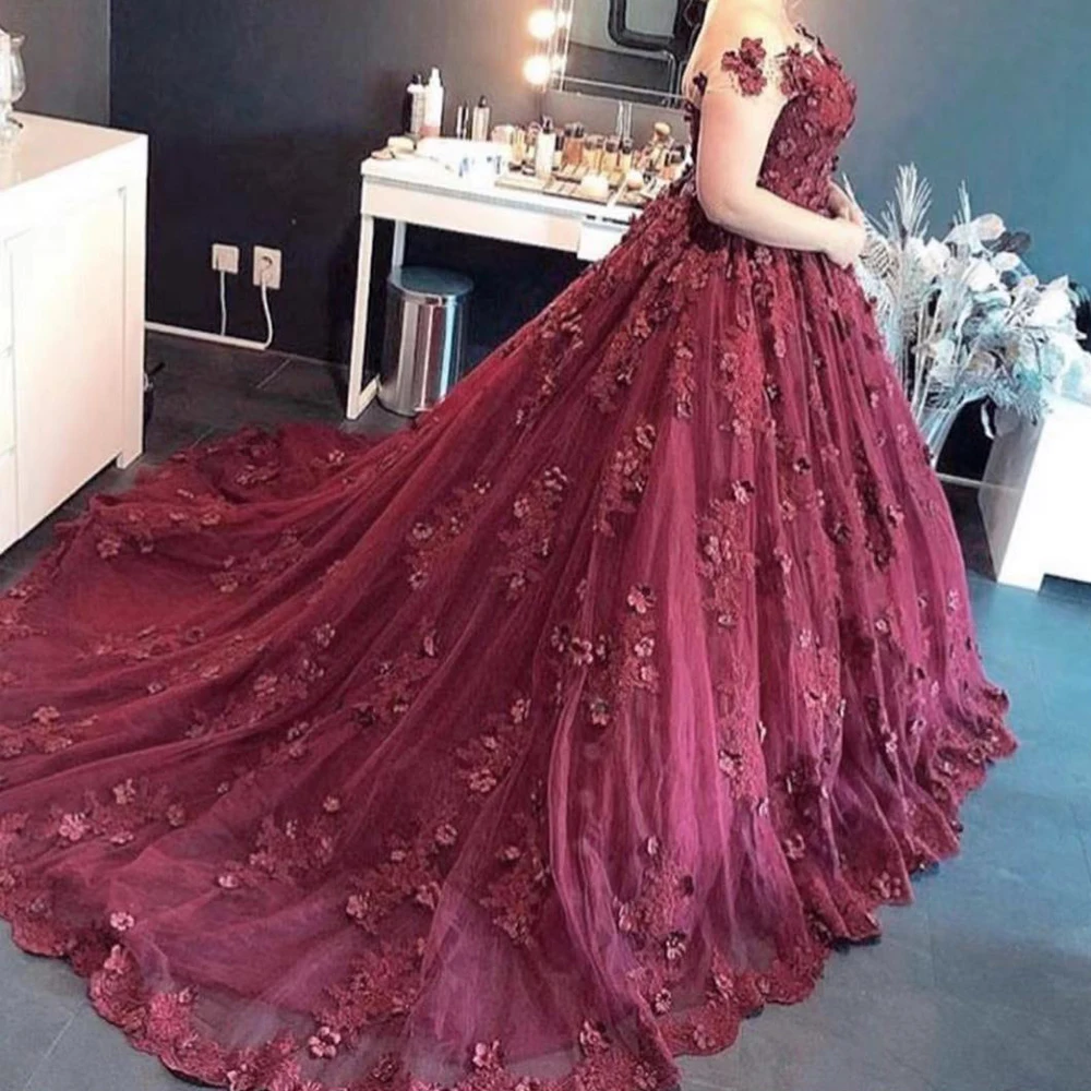 

burgundy prom dresses 2020 off the shoulder hand made flowers lace appliques ball gown evening dresses dark red formal dresses