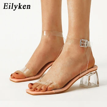 

Eilyken Ankle Buckle Strap Square Head Low Heel Women Sandals New Sexy PVC Transparent Crystal Heel Ladies Summer Open Toes Shoe