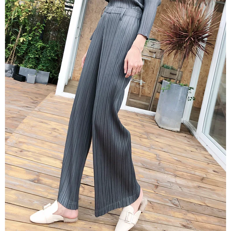 

Miyake Pleats Please Wide Leg Pants New Autumn 2019 Women Pants Solid Elastic Waist Loose Ankle-Length Pants Japan Style