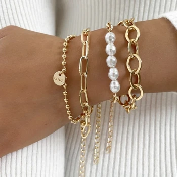 Fashion Punk Curb Cuban Chain Bracelets Set Boho Thick Gold Color Charm Bracelets Bangles For Women Gifts Trendy Jewelry 1