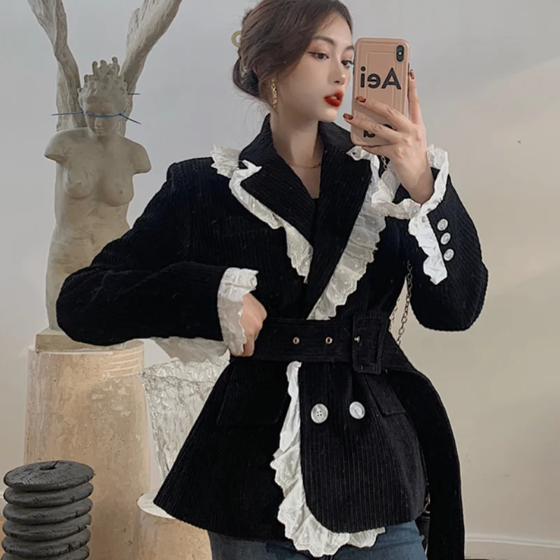 

Korean Retro Ruffle Spliced Blazer Jacket Coat Women Office Lady Stylish OL Chic Overcoat Double Breasted Black Corduroy Outwear