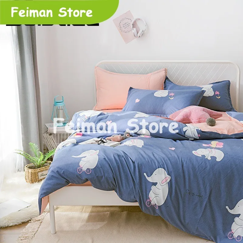 

Home Textile Duvet Cover Pillowcase Flat Sheet Soft Kid Teen Girl Bedding Set Navy Blue Elephant Pink Bedclothes 3-4Pcs