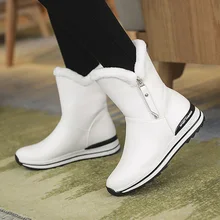 Inverno sapatos de pelúcia mulher botas brancas com pele sapatos de outono feminino tamanho grande 42 meados de bezerro botas de neve de couro à prova dwaterproof água sapatos altos