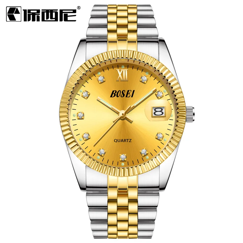 Men Silver Gold Пара роскошных золотых кварцевых часов для мужчин и женщин, светящиеся часы, водонепроницаемые наручные часы для влюбленных с датой - Цвет: Men Silver Gold