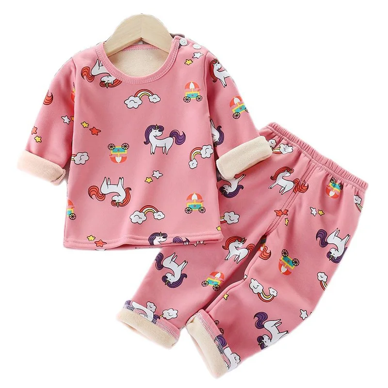 

Kids Baby Winter Warm Underwear Sets Cartoon New Printing Girls Boys Plush Children Pyjamas Thickened Kids Baby Clothing Sets