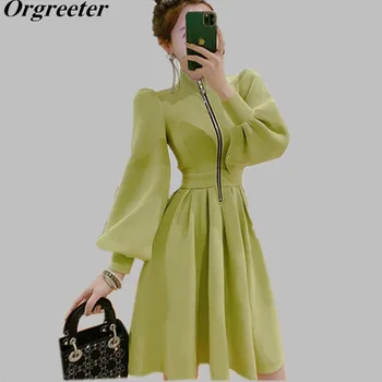 

2020 Spring Fall New Avocado green Lantern Sleeve Party Dress Stand collar Front Zipper Elegant Ball Gown Fashion Dresses