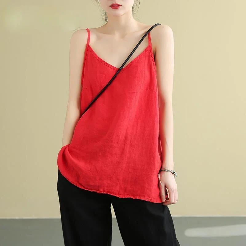 Women's Summer Top Cotton Linen Spaghetti Strap Top Women Halter V Neck Basic Yellow Sleeveless Tank Tops Loose Casual Camis 5