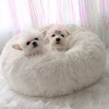 Pet Round Plush Bed Cat Bed House Soft Long Plush Cat Bed Mat Kennel Winter