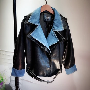 

Spring and Autumn Denim Stitching Leather Jacket Women Loose Large Size Motorcycle Short Coat New Pu Leather Jackets