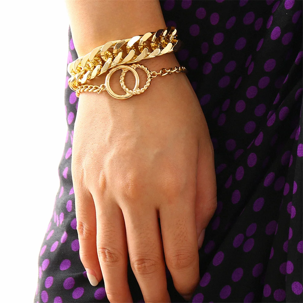 

2 Pcs/Set Double Round Chain Bangle Bracelet Set for Women Armband Mujer Punk Thick Chain Bracelet Couple Jewelry 2019