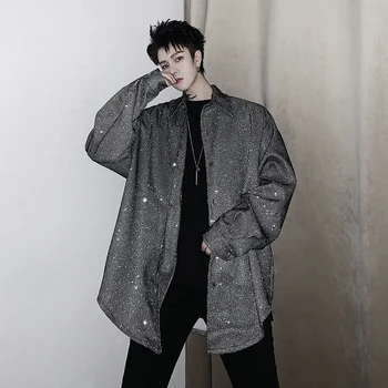 

EWQ / men and women's wear 2020 spring Personality oversize long Sleeve grey silver bright Shirt streetwear tops tide new 9Y986