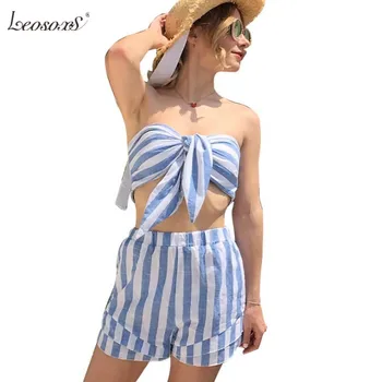 

2020 Summer Beach Women Two Piece Suit Set Sexy Self-tie Bow Crop Top And Short Pants 2 Piece Set Casual Striped Women Clothing