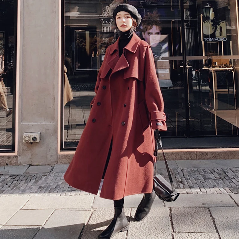 Женское шерстяное пальто красное верблюжьего цвета средней длины утепленное до