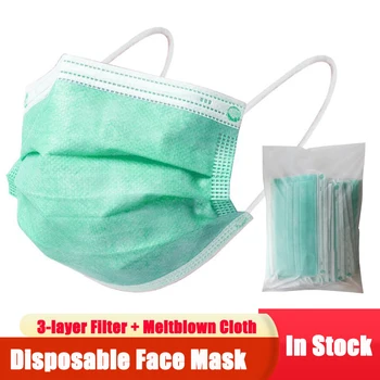 

10/50/100/200/500pcs Disposable Face Mask 3-layer Filter Anti Dust Smog Earloop Breathable Gauze Mask Green Adult Mouth Mask