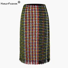 HarleyFashion потрясающая Подгонянная ткань винтажная твидовая юбка цветная клетчатая Осень Зима тонкая прямая юбка с кисточками высокое качество