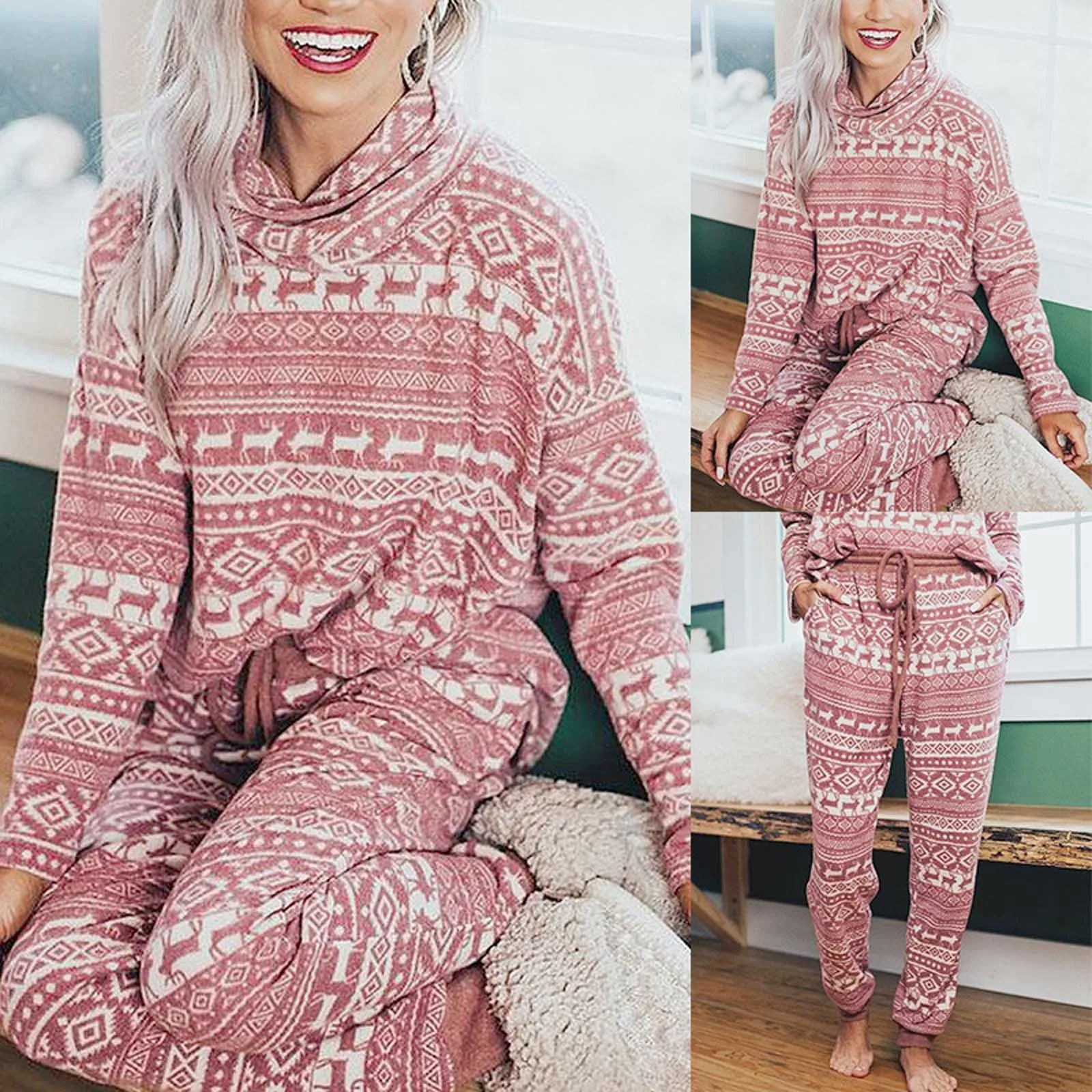 2021 Women's Knitted Sweater Solid Color Round Neck Long Sleeve Outfits Y，2k Casual Striped Suit Warm Two Piece Sets Tracksuit 1