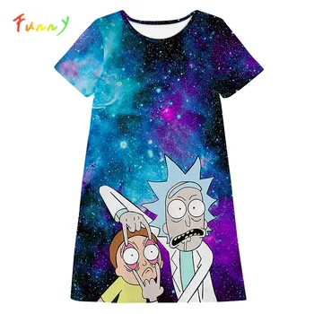 

Cartoon Rick Morty Girls Dress 10 to 12 Years Summer Round Neck Short Sleeve Casual Children's Dresses Kids Galaxy Print Costume