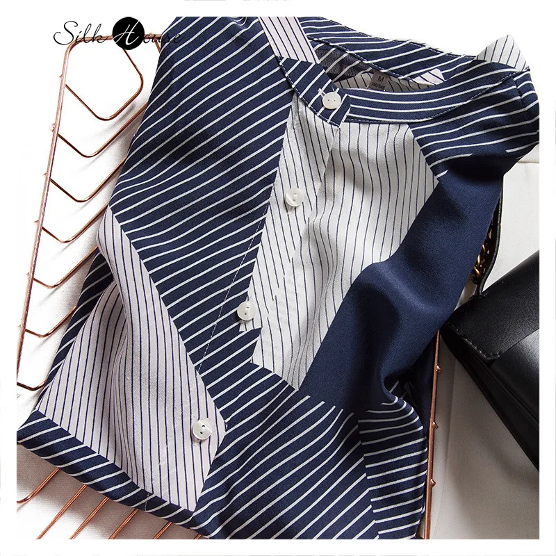 

French-Style Light Artistic Blue and White Geometric Lines Color Matching Slimming Temperament Loose Silk Shirt Women