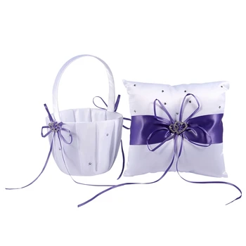 

2 Heart Rhinestones Ivory Satin Flower Girl Basket And Ring Pillow Set for Wedding Purple